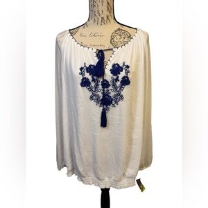 Valerie Stevens White and Blue Embroidered Blouse Size 2X NWT